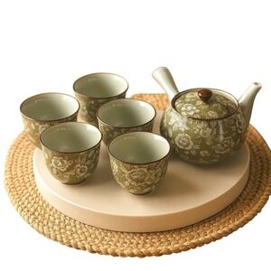 Arita Ware Japanese Tea Set Green Floral Teapot Cups Made in Japan Vintage 96-04